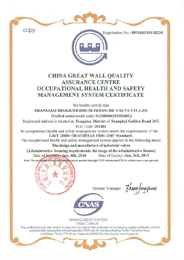 Copy of Occupational Health and Safety Management System Certification Certificate